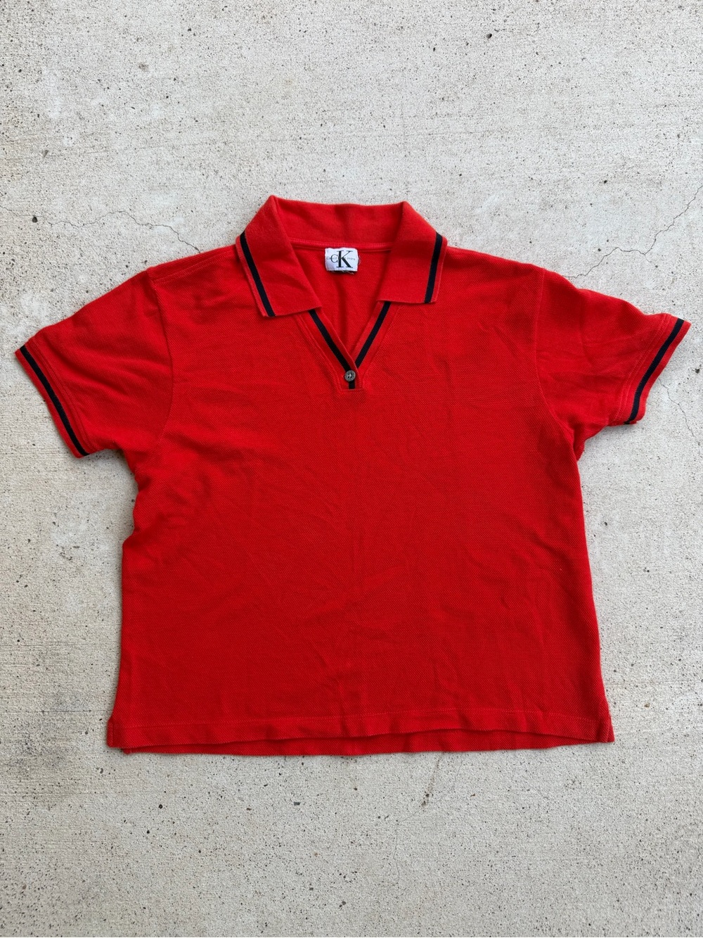 VTG Calvin Klein Jeans Red Boxy Cropped Polo V Neck 90s Knit Shirt L